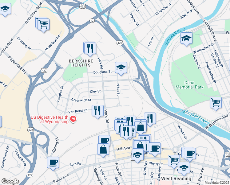 map of restaurants, bars, coffee shops, grocery stores, and more near 410 Oley Street in Wyomissing