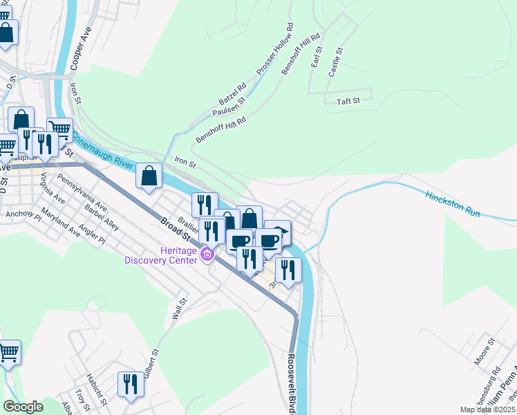 map of restaurants, bars, coffee shops, grocery stores, and more near 99 Connelly Avenue in Johnstown