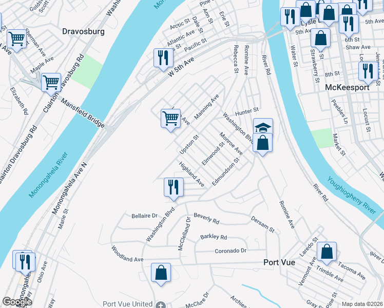 map of restaurants, bars, coffee shops, grocery stores, and more near 915 Pleasant Avenue in McKeesport