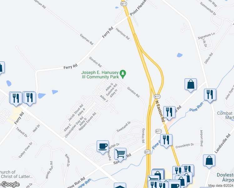 map of restaurants, bars, coffee shops, grocery stores, and more near 3917 Cephas Child Road in Doylestown