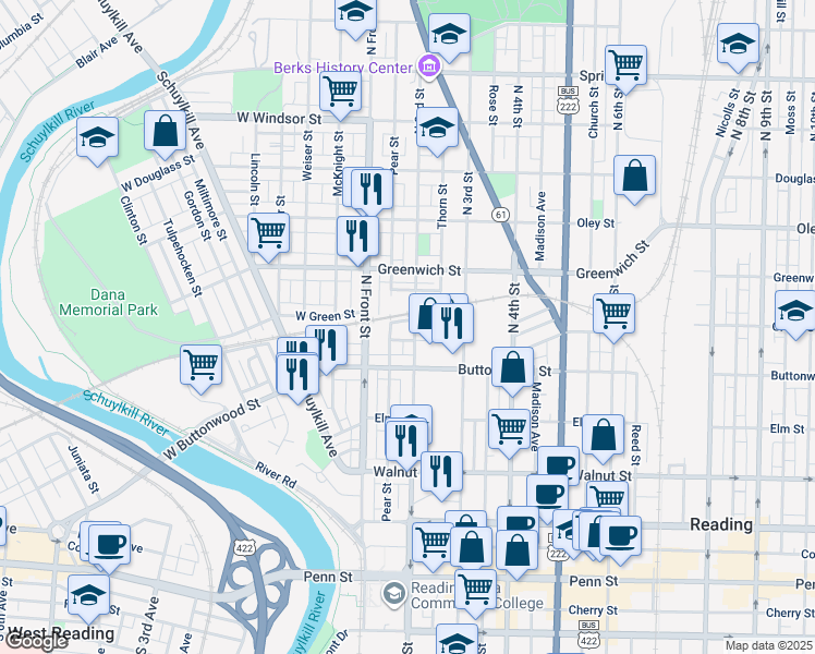 map of restaurants, bars, coffee shops, grocery stores, and more near 430 North 2nd Street in Reading