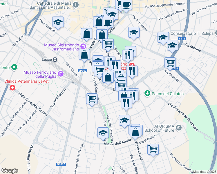 map of restaurants, bars, coffee shops, grocery stores, and more near 9 Via Abruzzi in Lecce