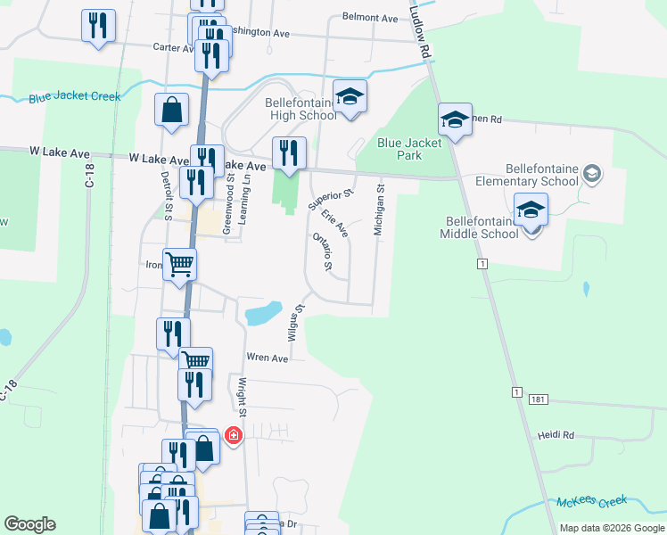 map of restaurants, bars, coffee shops, grocery stores, and more near 436 Ontario Avenue in Bellefontaine