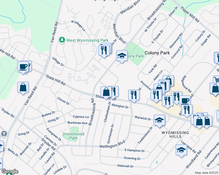map of restaurants, bars, coffee shops, grocery stores, and more near 2650 Westview Drive in Reading