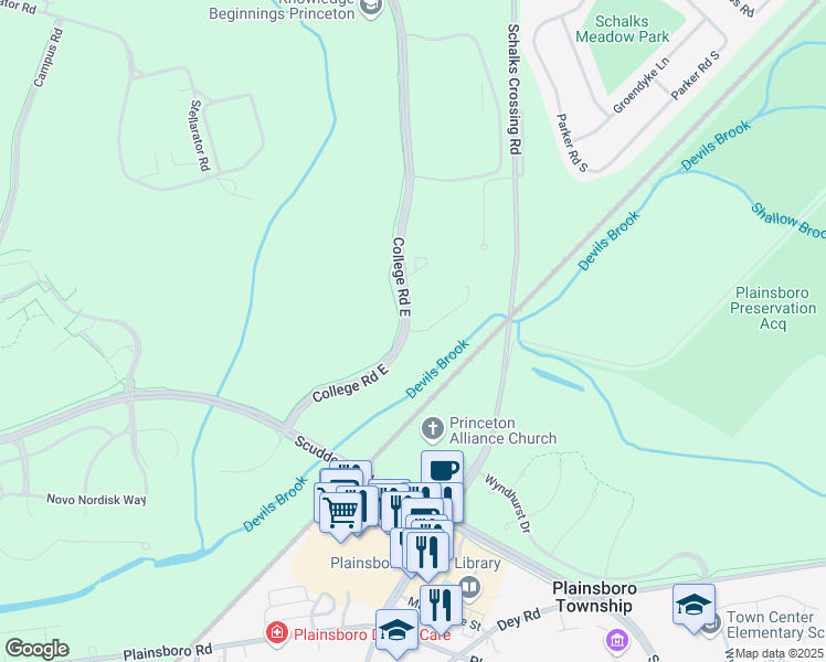 map of restaurants, bars, coffee shops, grocery stores, and more near 755 College Road East in Princeton