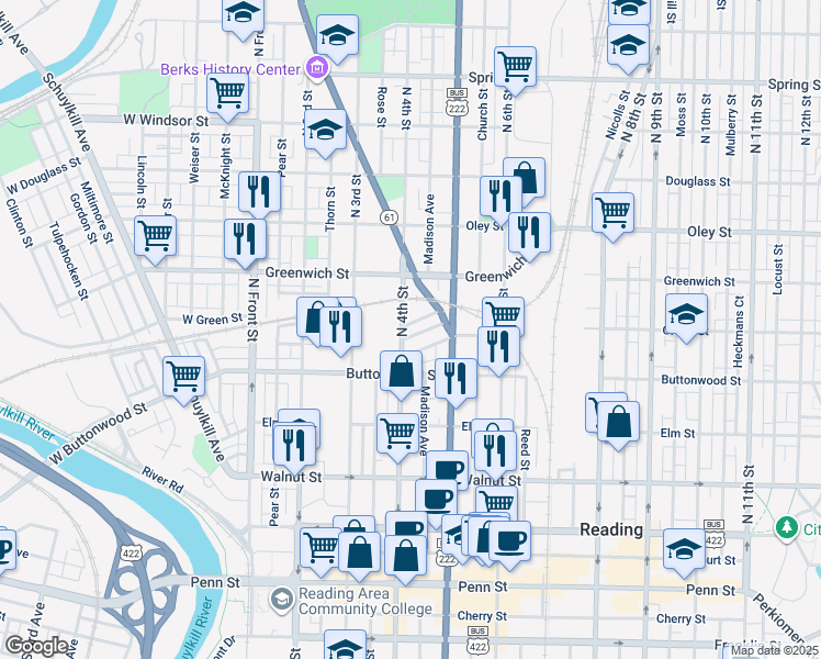 map of restaurants, bars, coffee shops, grocery stores, and more near 440 North 4th Street in Reading
