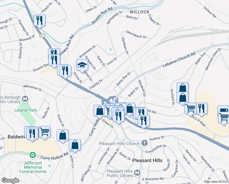 map of restaurants, bars, coffee shops, grocery stores, and more near in Pleasant Hills