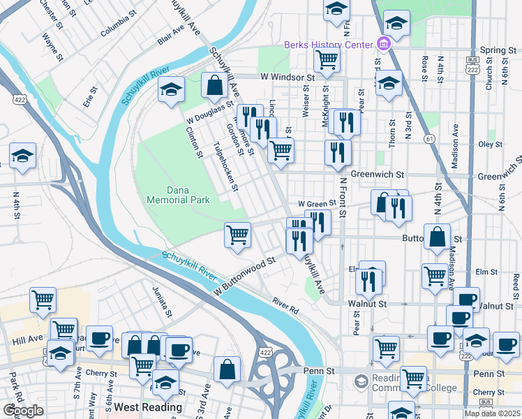 map of restaurants, bars, coffee shops, grocery stores, and more near 358 West Green Street in Reading