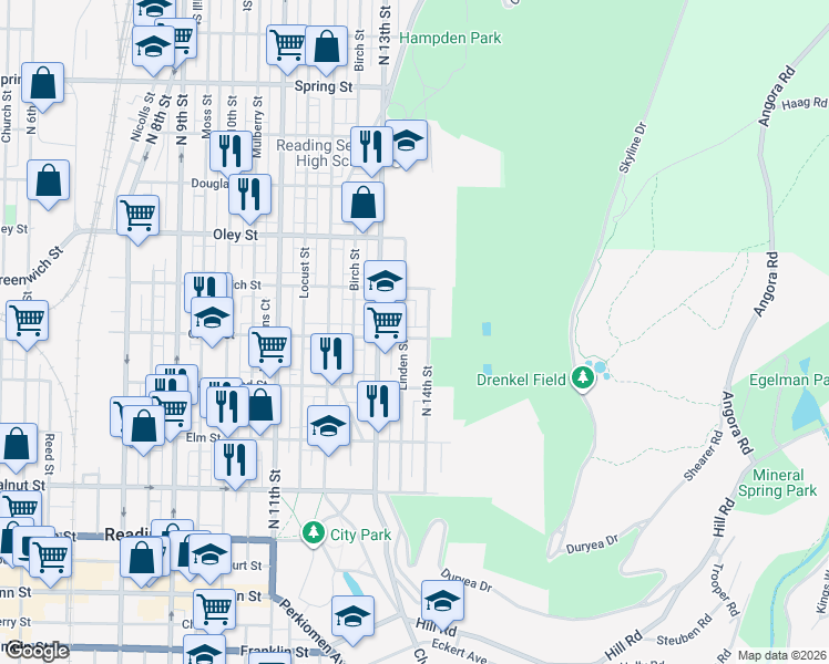map of restaurants, bars, coffee shops, grocery stores, and more near 1348 Green Street in Reading