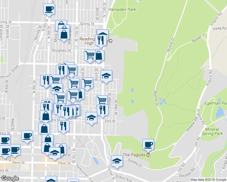 map of restaurants, bars, coffee shops, grocery stores, and more near 1347 Green Street in Reading