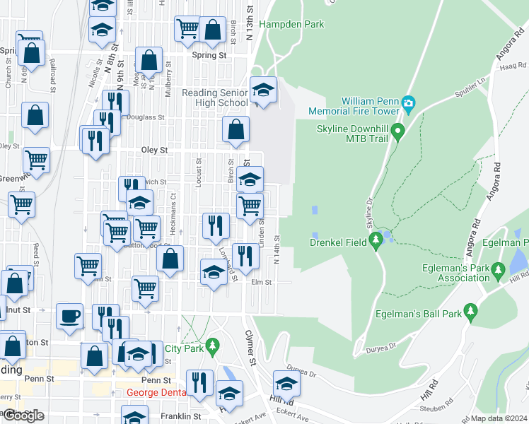 map of restaurants, bars, coffee shops, grocery stores, and more near 1329 Green Street in Reading