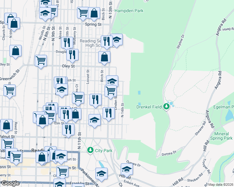 map of restaurants, bars, coffee shops, grocery stores, and more near 1348 Green Street in Reading