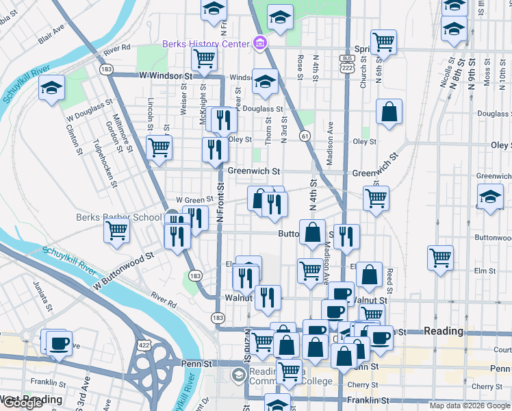 map of restaurants, bars, coffee shops, grocery stores, and more near 437R North 2nd Street in Reading