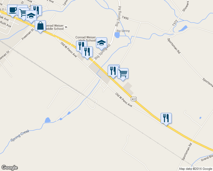 map of restaurants, bars, coffee shops, grocery stores, and more near 202 Old West Penn Avenue in Wernersville