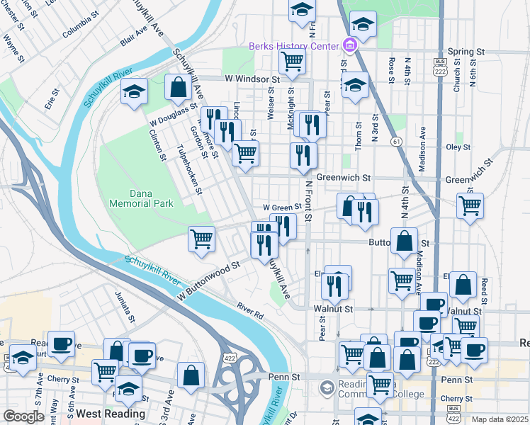 map of restaurants, bars, coffee shops, grocery stores, and more near 437 Rosenthal Street in Reading