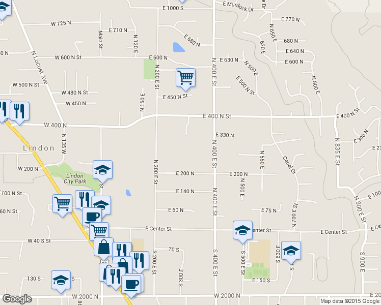 map of restaurants, bars, coffee shops, grocery stores, and more near 271 N 400 E in Lindon