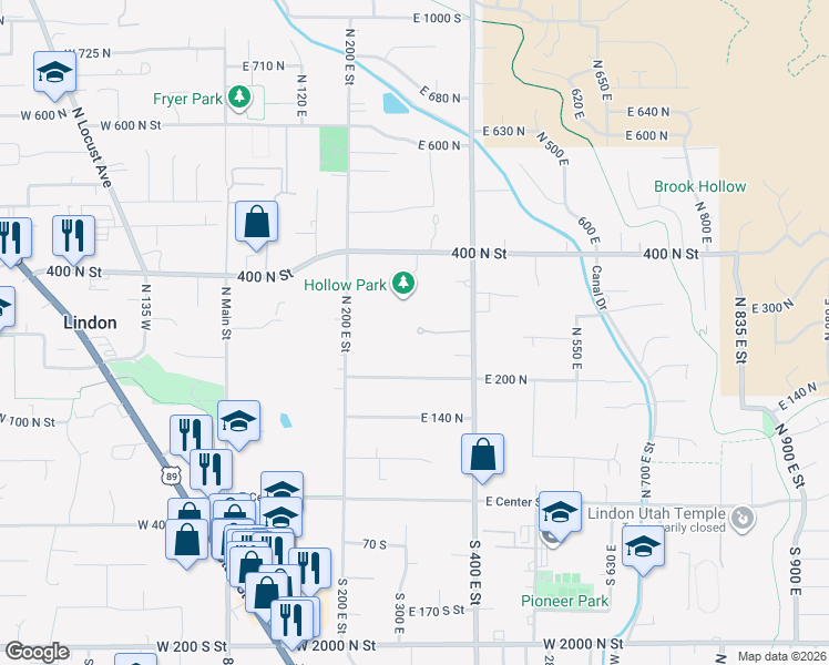 map of restaurants, bars, coffee shops, grocery stores, and more near 271 N 400 E in Lindon