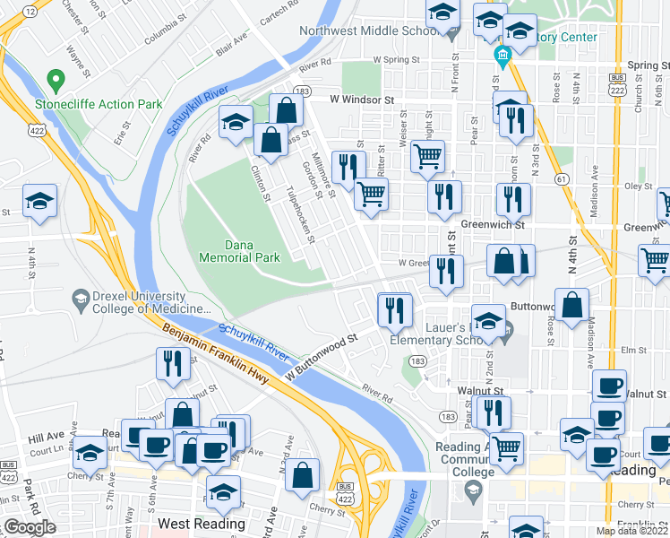 map of restaurants, bars, coffee shops, grocery stores, and more near 516 Johnson Street in Reading