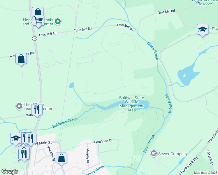 map of restaurants, bars, coffee shops, grocery stores, and more near 16 Lake Baldwin Drive in Pennington