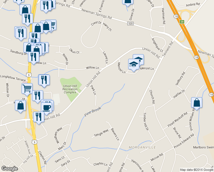 map of restaurants, bars, coffee shops, grocery stores, and more near 523 Union Hill Road in Englishtown