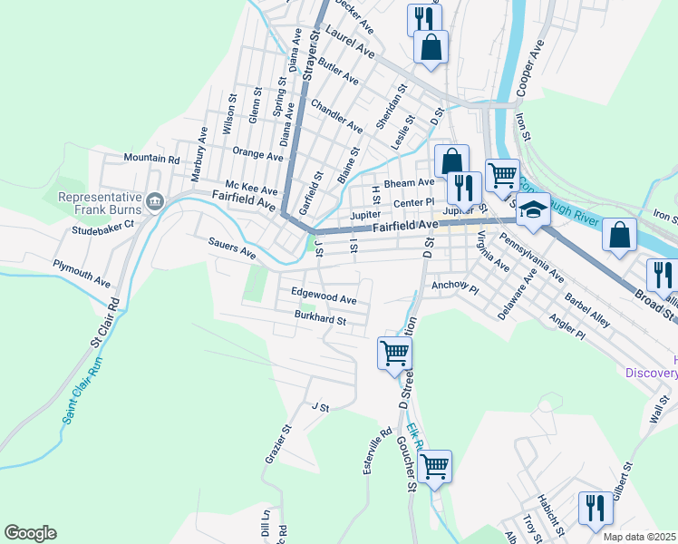 map of restaurants, bars, coffee shops, grocery stores, and more near 225 Mercury Avenue in Johnstown