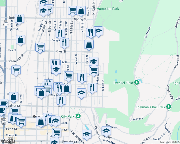 map of restaurants, bars, coffee shops, grocery stores, and more near 457 North 13th Street in Reading