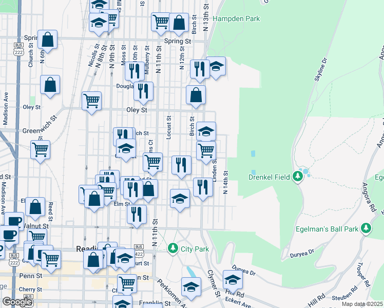map of restaurants, bars, coffee shops, grocery stores, and more near 1210 Green Street in Reading