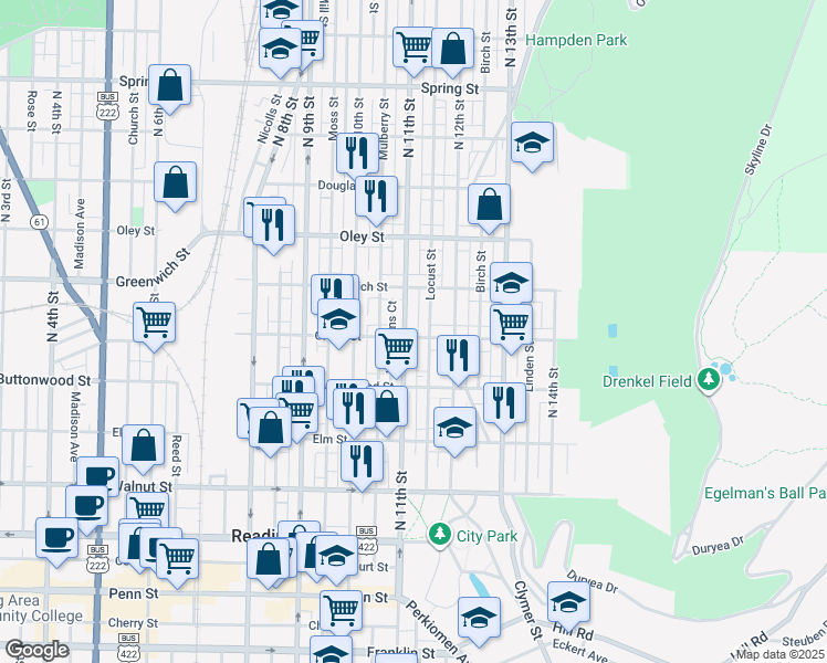 map of restaurants, bars, coffee shops, grocery stores, and more near 1130 Green Street in Reading