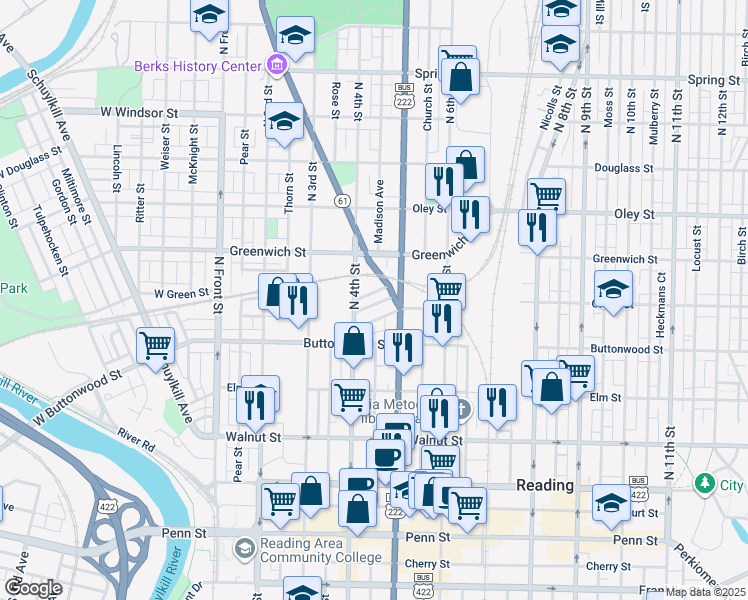 map of restaurants, bars, coffee shops, grocery stores, and more near 433 Woodward Street in Reading