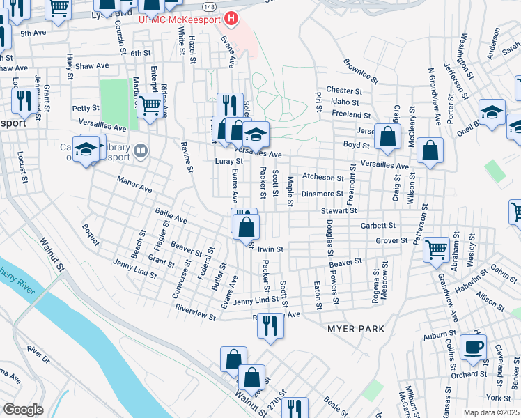 map of restaurants, bars, coffee shops, grocery stores, and more near 1507 Soles Street in McKeesport