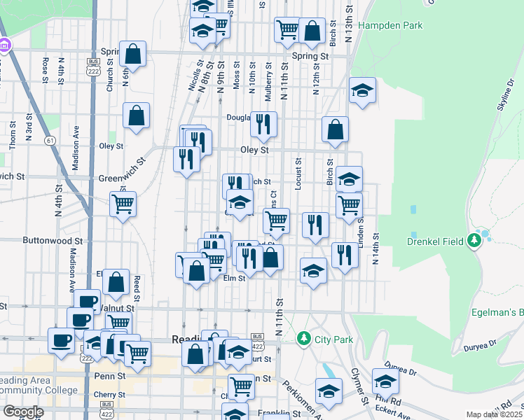 map of restaurants, bars, coffee shops, grocery stores, and more near 1017 Green Street in Reading