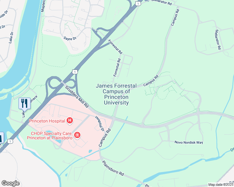 map of restaurants, bars, coffee shops, grocery stores, and more near 10 Forrestal Road South in Princeton