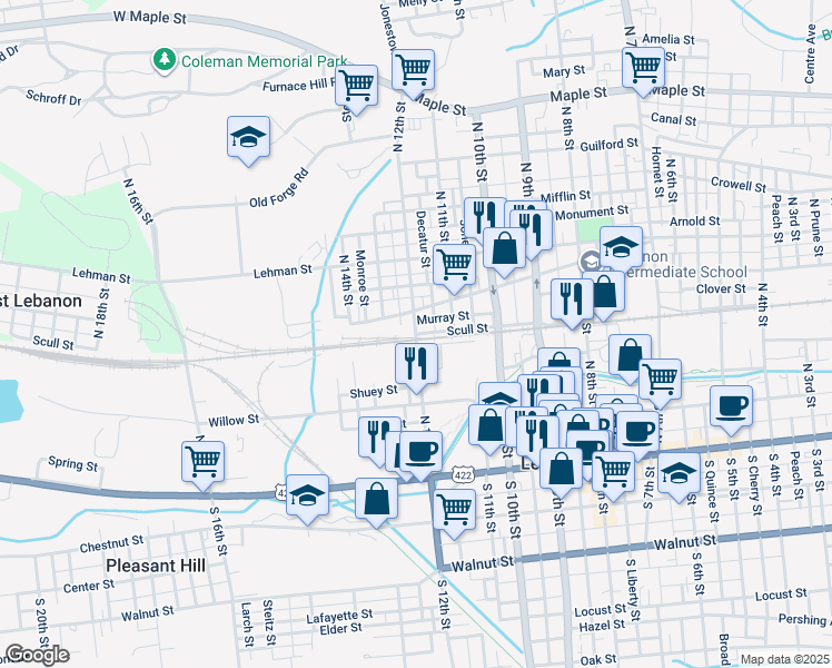 map of restaurants, bars, coffee shops, grocery stores, and more near Scull Street in Lebanon