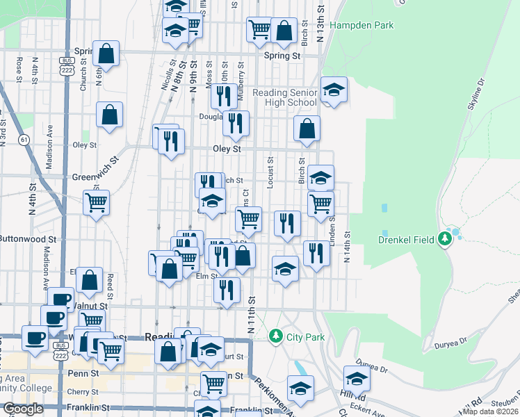 map of restaurants, bars, coffee shops, grocery stores, and more near 1130 Green Street in Reading