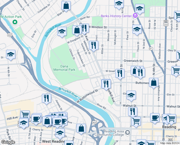 map of restaurants, bars, coffee shops, grocery stores, and more near 518 Johnson Street in Reading