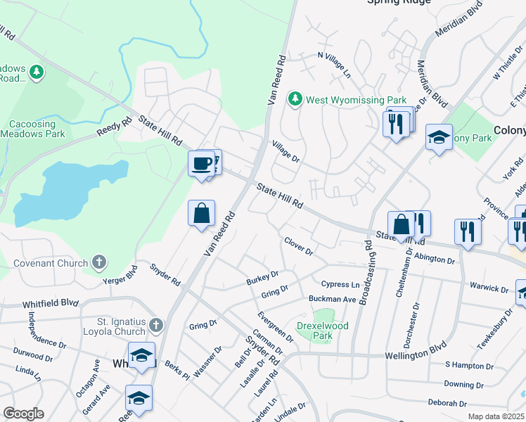 map of restaurants, bars, coffee shops, grocery stores, and more near 144 Victoria Lane in Reading