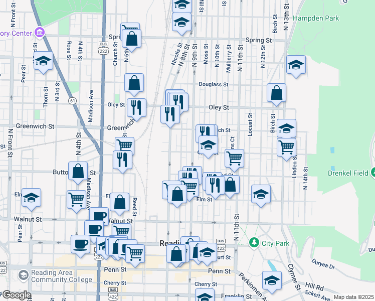 map of restaurants, bars, coffee shops, grocery stores, and more near 439 Ecks Court in Reading