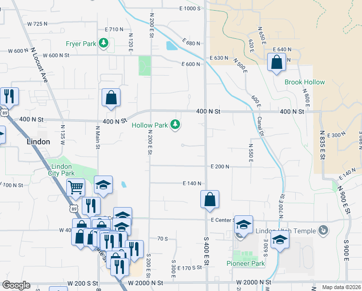 map of restaurants, bars, coffee shops, grocery stores, and more near 271 North 400 West in Lindon