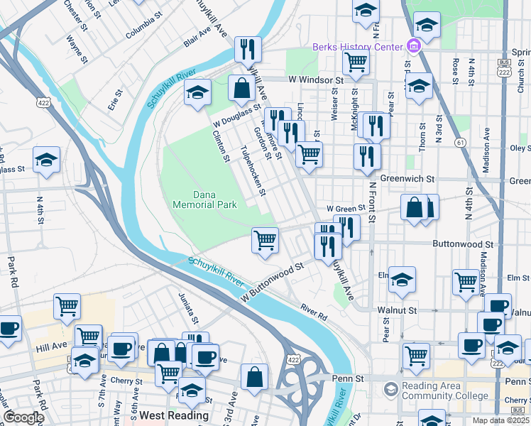 map of restaurants, bars, coffee shops, grocery stores, and more near 526 Tulpehocken Street in Reading