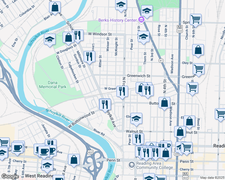 map of restaurants, bars, coffee shops, grocery stores, and more near 437 Rosenthal Street in Reading