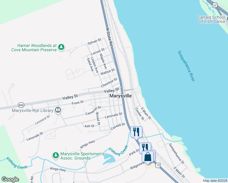 map of restaurants, bars, coffee shops, grocery stores, and more near 120 Valley Street in Marysville