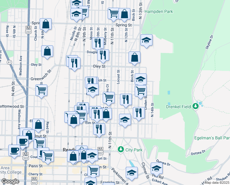 map of restaurants, bars, coffee shops, grocery stores, and more near 1130 Green Street in Reading