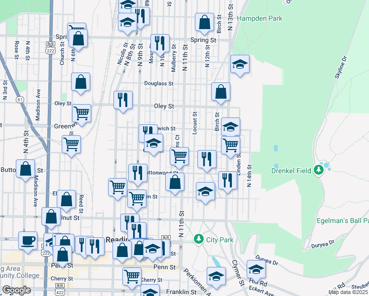map of restaurants, bars, coffee shops, grocery stores, and more near 1038 Green Street in Reading