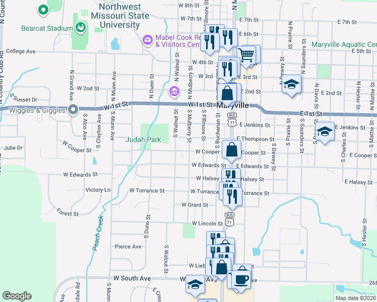 map of restaurants, bars, coffee shops, grocery stores, and more near 401 South Mulberry Street in Maryville