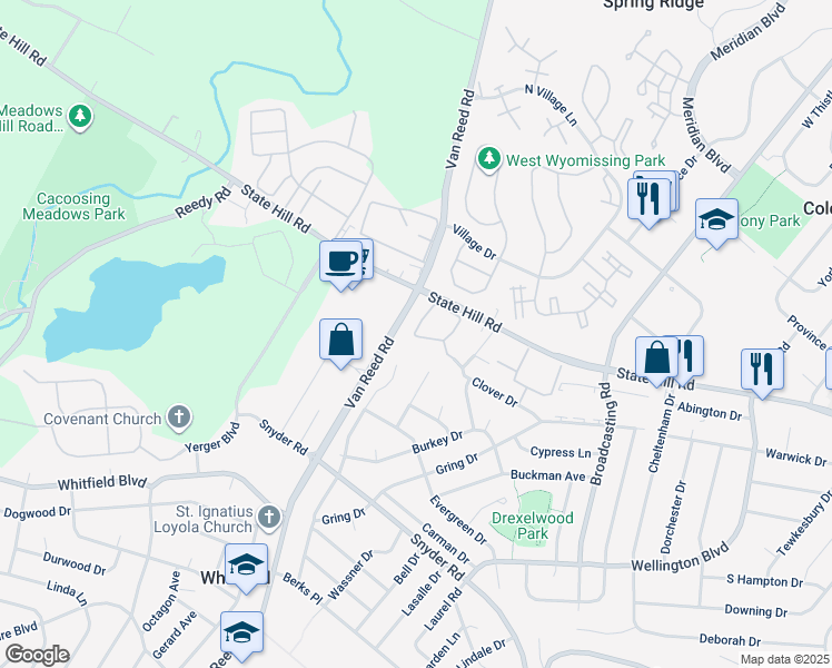 map of restaurants, bars, coffee shops, grocery stores, and more near 144 A Victoria Lane in Wyomissing