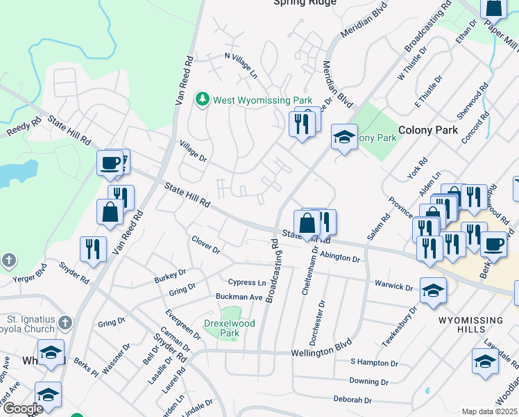 map of restaurants, bars, coffee shops, grocery stores, and more near 156 Hawthorne Court in Wyomissing