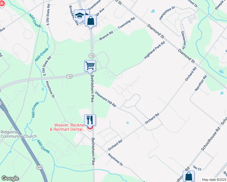 map of restaurants, bars, coffee shops, grocery stores, and more near 76 Waterford Lane in Sellersville