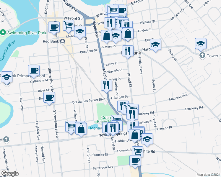 map of restaurants, bars, coffee shops, grocery stores, and more near 222 East Bergen Place in Red Bank