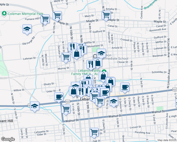 map of restaurants, bars, coffee shops, grocery stores, and more near 218 North 9th Street in Lebanon