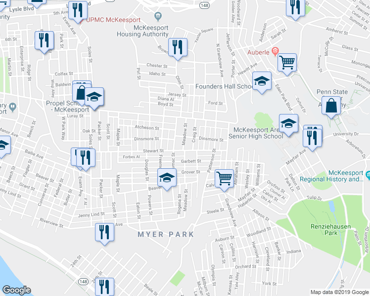map of restaurants, bars, coffee shops, grocery stores, and more near 1510 Meadow Street in McKeesport